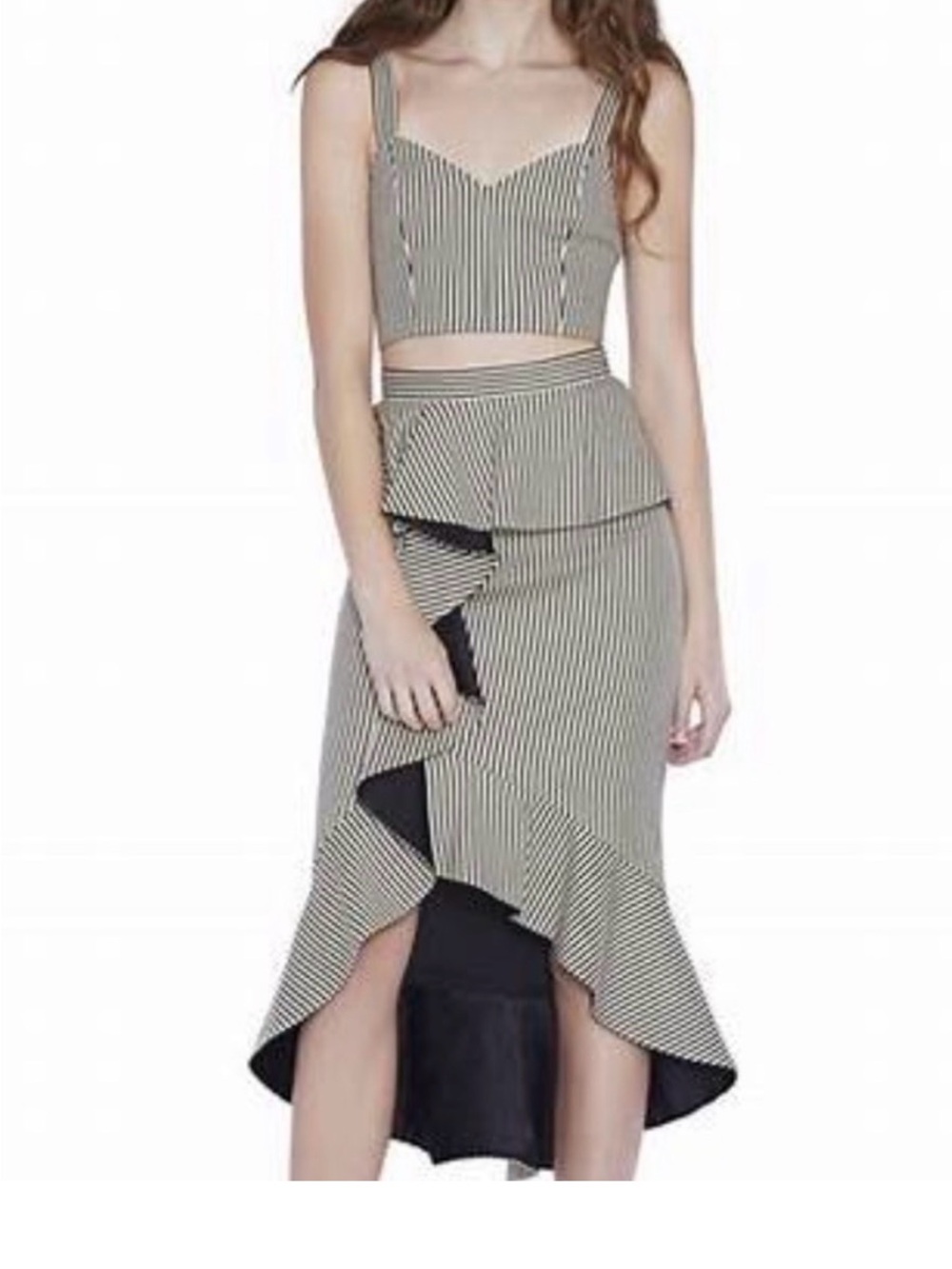 Alice + Olivia Black and White Asymmetrical Ruffle Midi Skirt